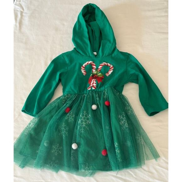 Green Hooded 90 / 2T Girls Candy-Cane Tulle Snowflake Dress Christmas - Picture 1 of 1